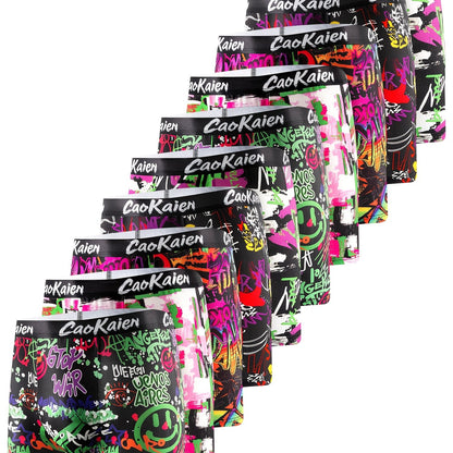 Mens Long Boxer Briefs - 10 Pack Breathable Stretch Fabric Trendy Graffiti Design - ZOOMNSTORE