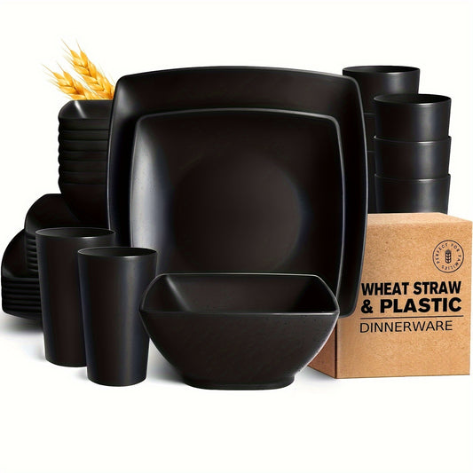 Teivio 32pc Unbreakable Wheat Straw Dinnerware Set for 8 - Black Matte Plates  Tumblers Dishwasher Safe - ZOOMNSTORE