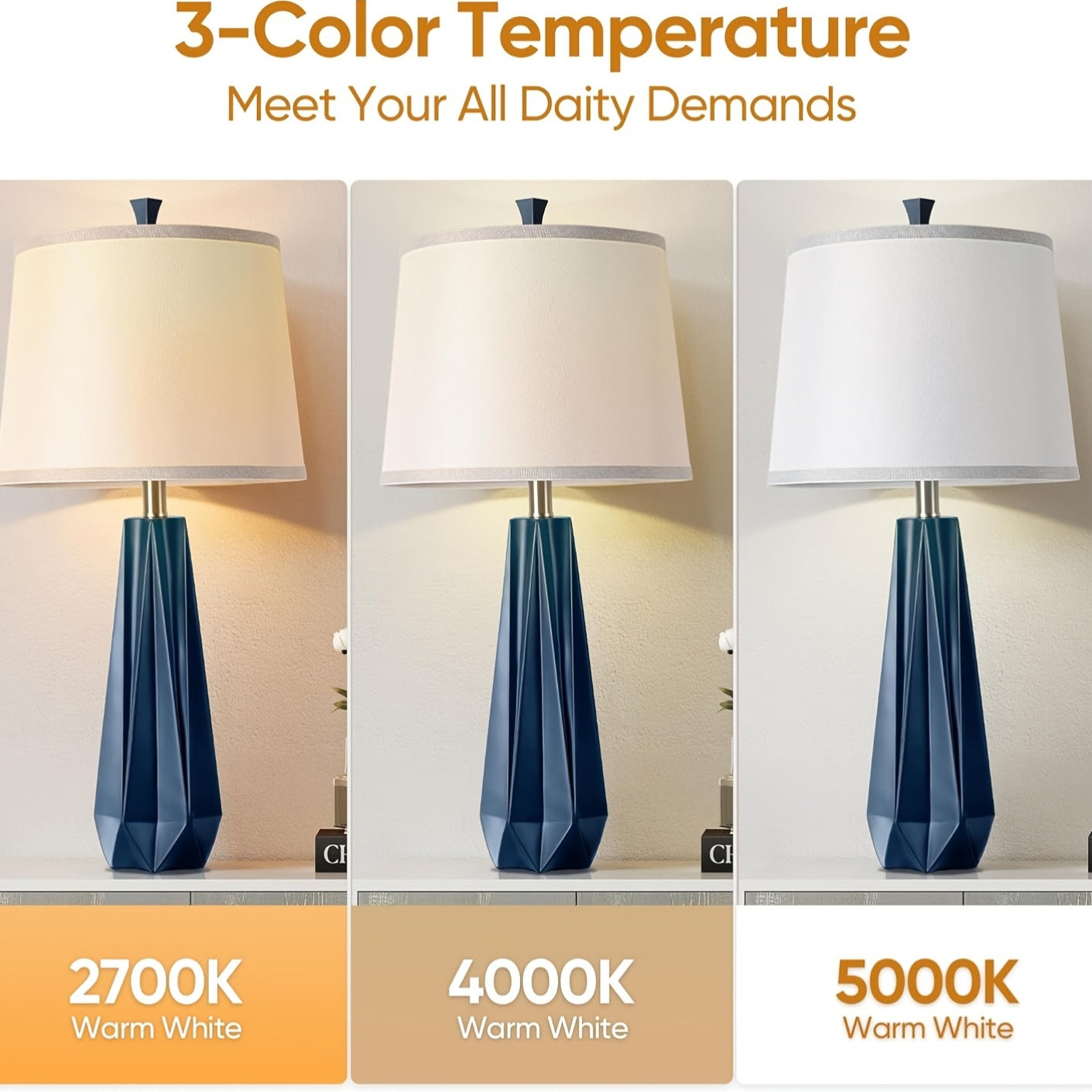 Modern Navy Blue Table Lamps - Touch Control Uplight with Linen Shade 3 Color Temperature Settings 2 Bulbs Included - ZOOMNSTORE