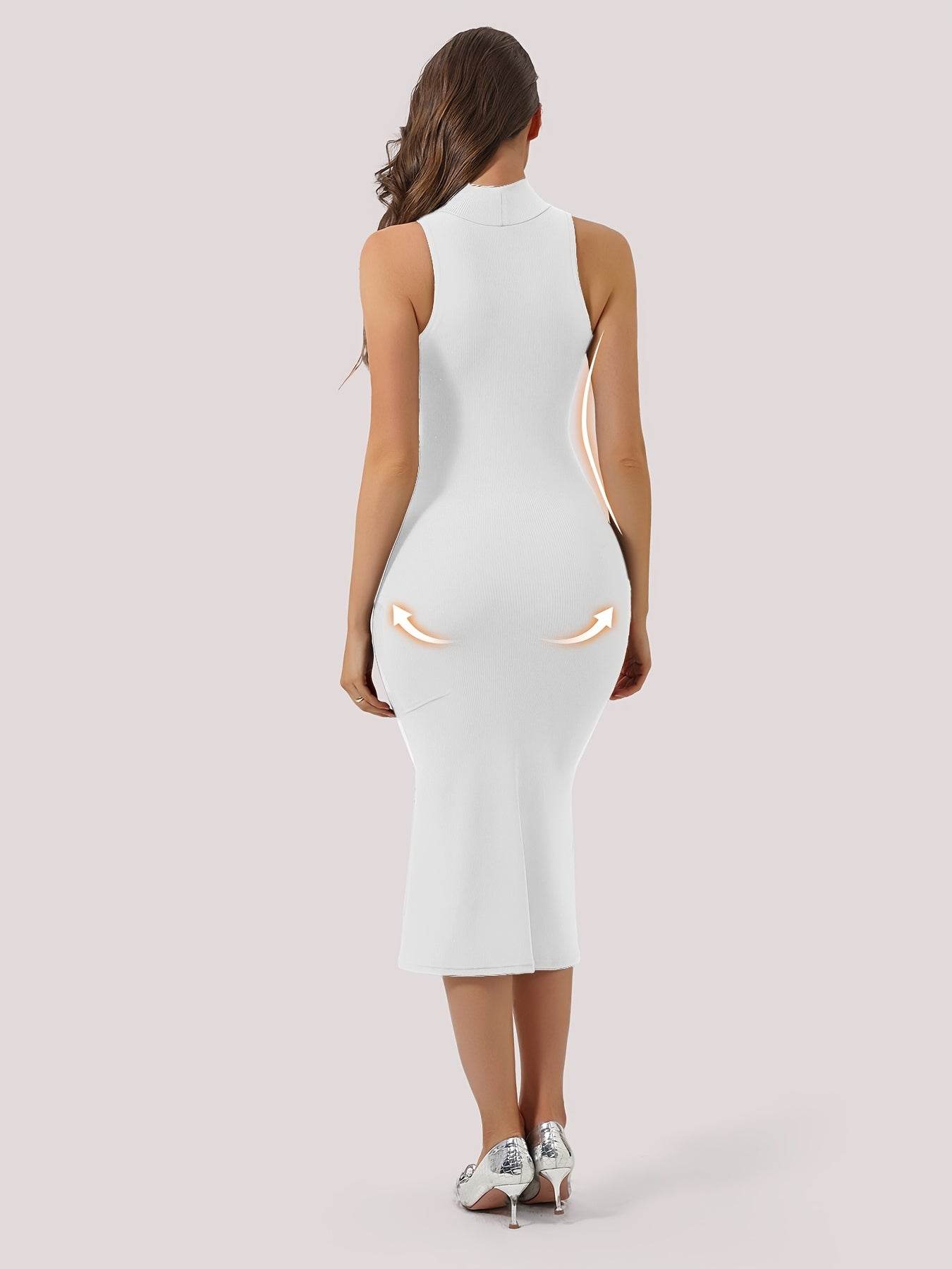1pc Women'S 2-in-1 Midi Mermaid Dress with Built-in Bra, High Neck Sleeveless, Rib-Knit Stretch Fabric, Polyester 92% Elastane 8%, Casual Fit and Flare, Knee-Length, Spring/Summer/Fall Collection - ZOOMNSTORE