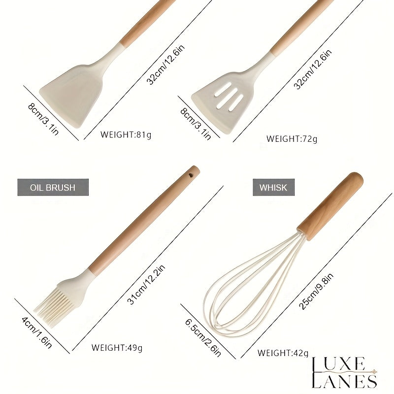 Non-Stick Silicone Kitchen Utensil Set - 12pcs with Ergonomic Wooden Handles Heat-Resistant  Easy to Clean - ZOOMNSTORE