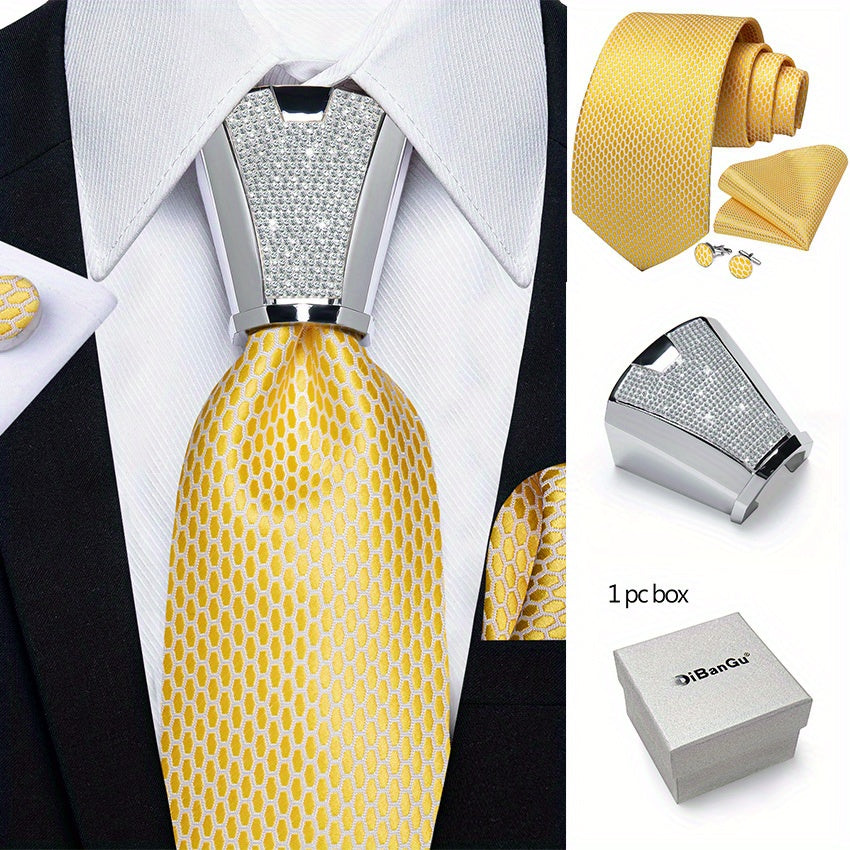 Mens Silvery Necktie Set - Necktie Ring Handkerchief  Cufflinks with Gift Box - ZOOMNSTORE