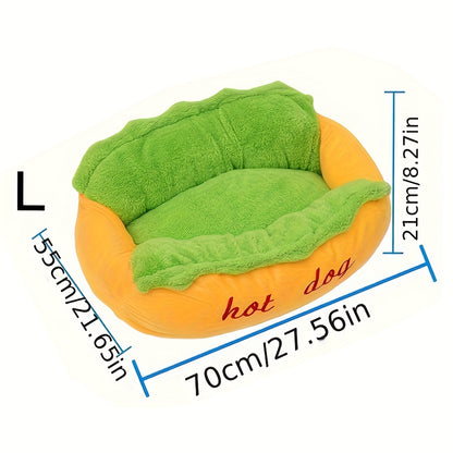 Soft Plush Hot Dog Pet Bed - Removable Cushion for Small to Medium Pets Easy to Clean Vibrant Yellow Green - ZOOMNSTORE