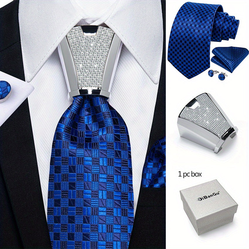 Mens Silvery Necktie Set - Necktie Ring Handkerchief  Cufflinks with Gift Box - ZOOMNSTORE