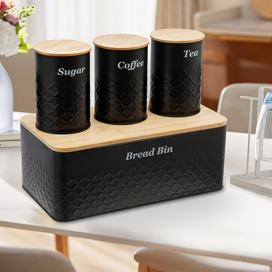 Black Bread Box with Canisters for Tea Coffee and Sugar - ZOOMNSTORE