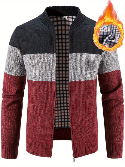 Men'S Casual High Neck Fleece Jacket, Color Block Knit Polyester Cardigan, Mid Stretch Zip-Up Fall/Winter Outerwear, Regular Fit with Placket Closure, Thick - ZOOMNSTORE