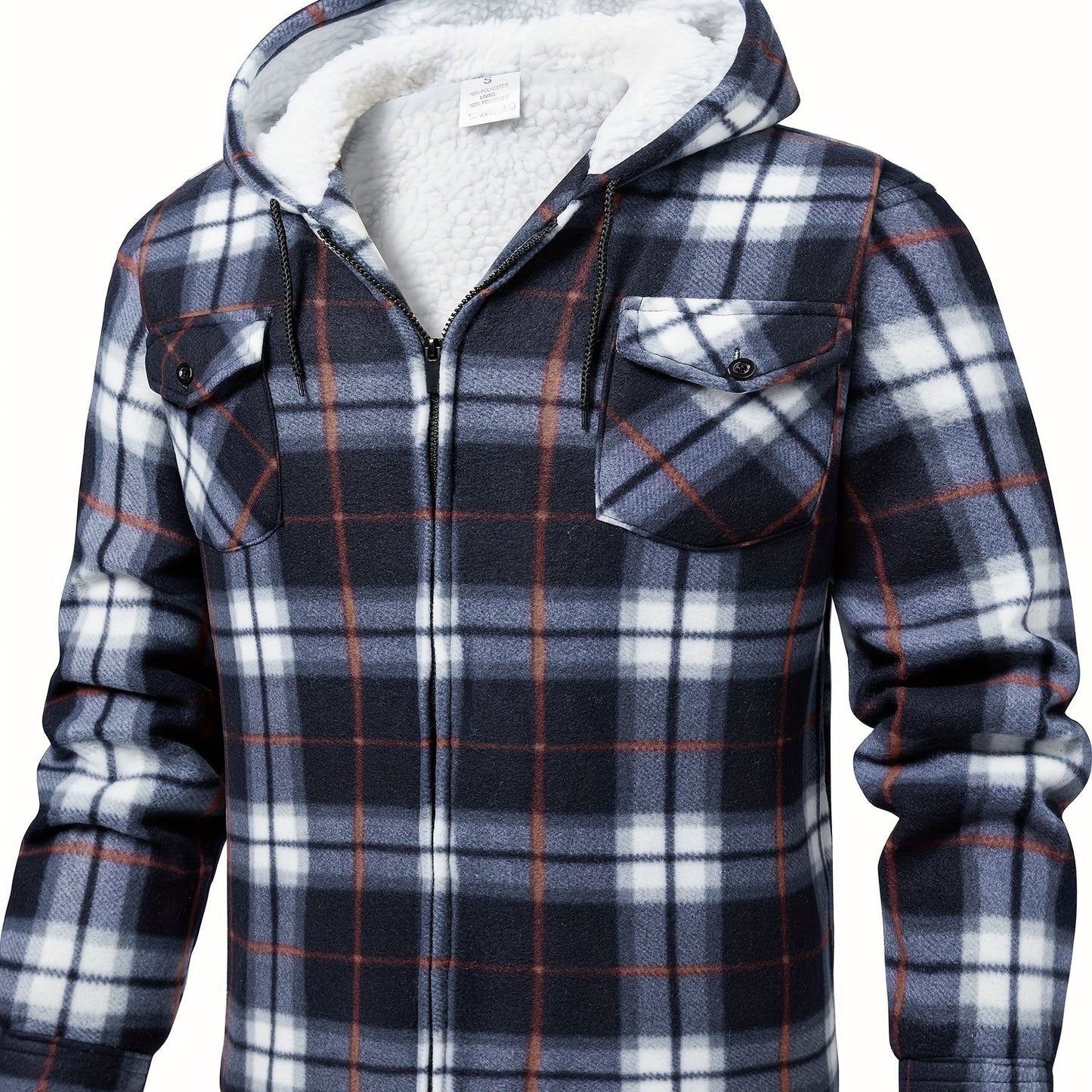Men's fleece hooded casual fashion plaid zipper jacket - ZOOMNSTORE