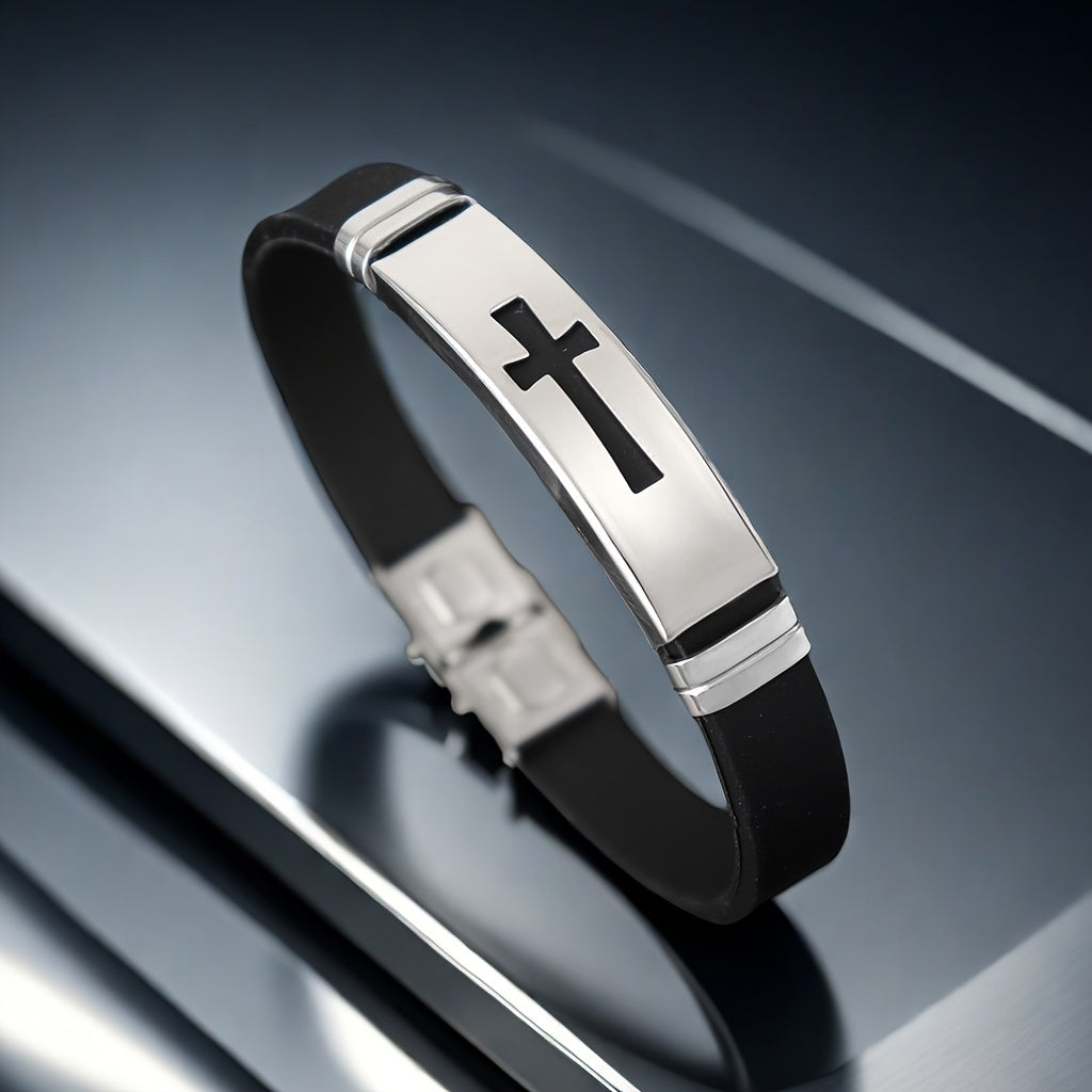 Minimalist Stainless Steel Cross Bracelet - Personalized Mens Silicone Wristband Punk Style Gift - ZOOMNSTORE