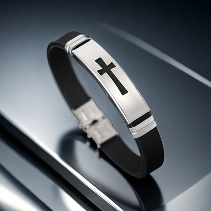 Minimalist Stainless Steel Cross Bracelet - Personalized Mens Silicone Wristband Punk Style Gift - ZOOMNSTORE