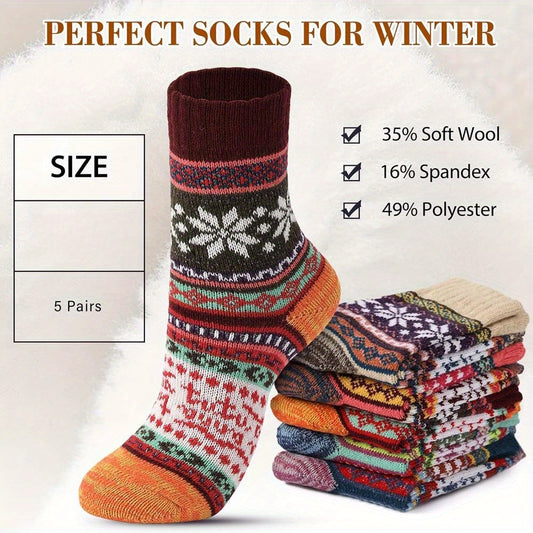 5 Pairs Women's Thermal Wool Socks, 35% Wool 49% Polyester 16.0% Spandex, Striped Knit Fabric, Machine Washable, Comfortable Warm Winter Socks for Ladies, Outdoor Warmth Socks | Vintage Nordic Pattern | Polyester Comfort, Cut - ZOOMNSTORE