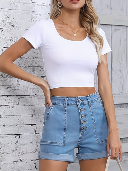Light Blue Mid-Rise Stretch Denim Shorts - Womens Casual Jean Shorts with Roll-Up Hem - ZOOMNSTORE