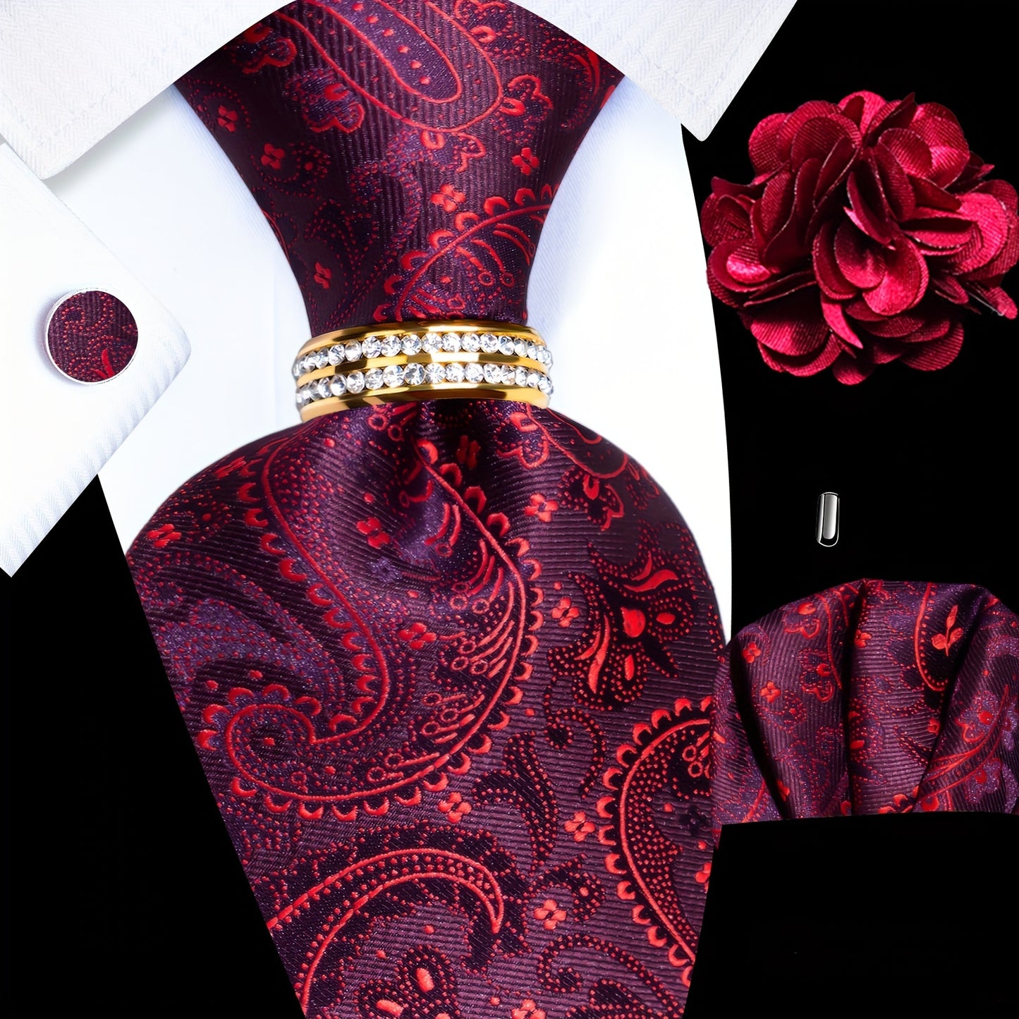 Mens Luxury Tie Set - Elegant 5PCS with Pocket Square Cufflinks Tie Ring Lapel Pin - ZOOMNSTORE