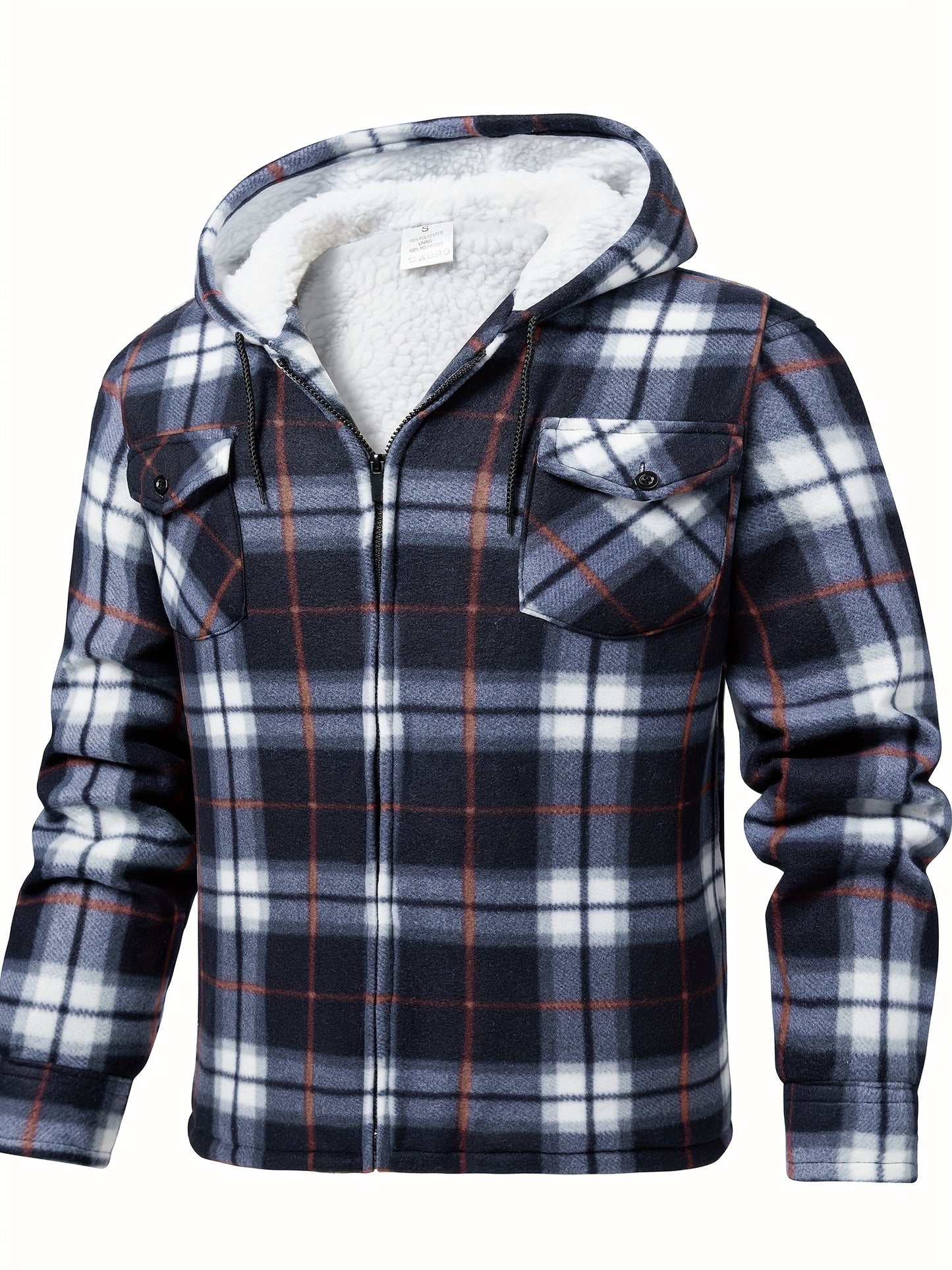 Men's fleece hooded casual fashion plaid zipper jacket - ZOOMNSTORE