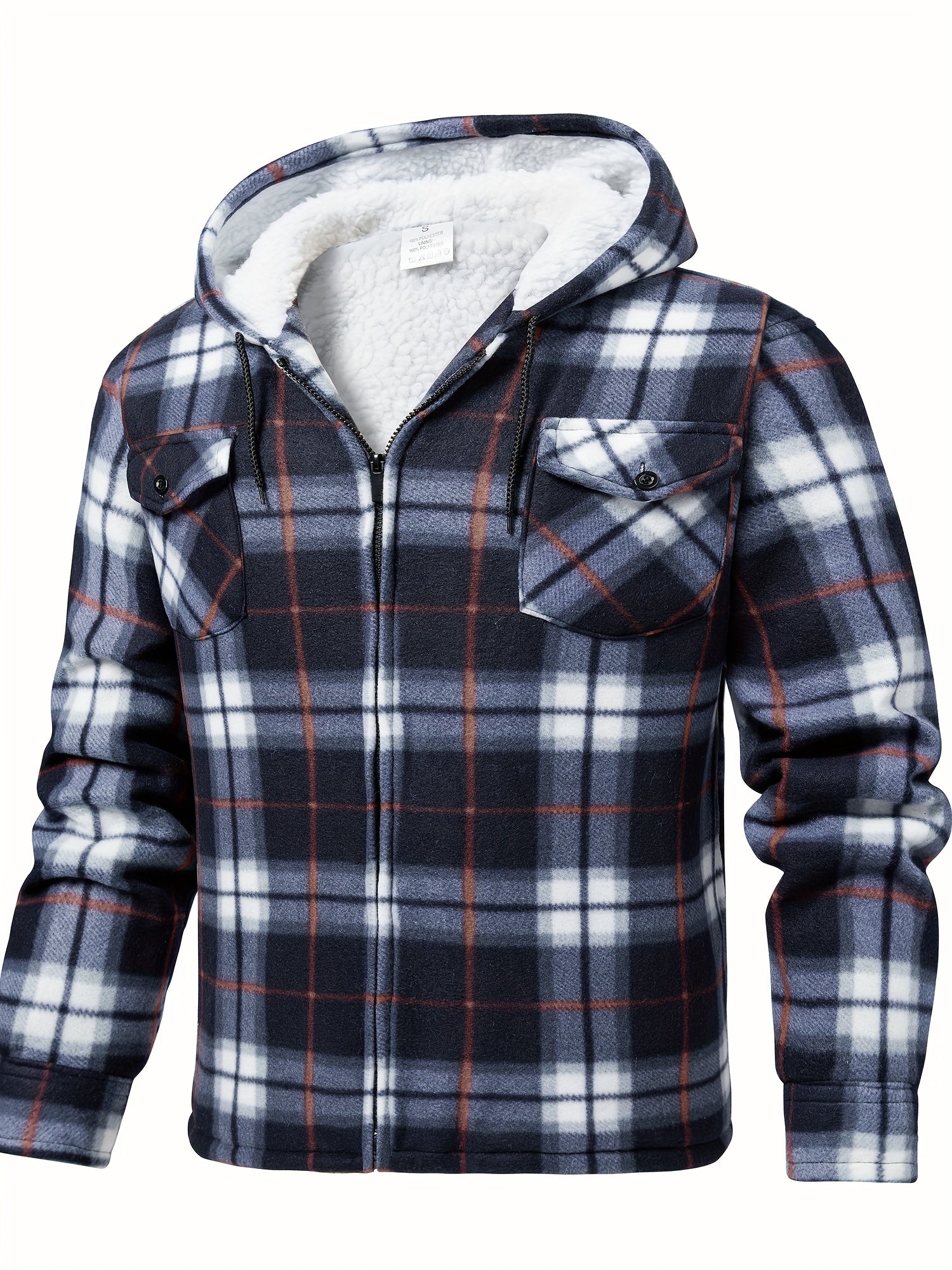 Men's fleece hooded casual fashion plaid zipper jacket - ZOOMNSTORE