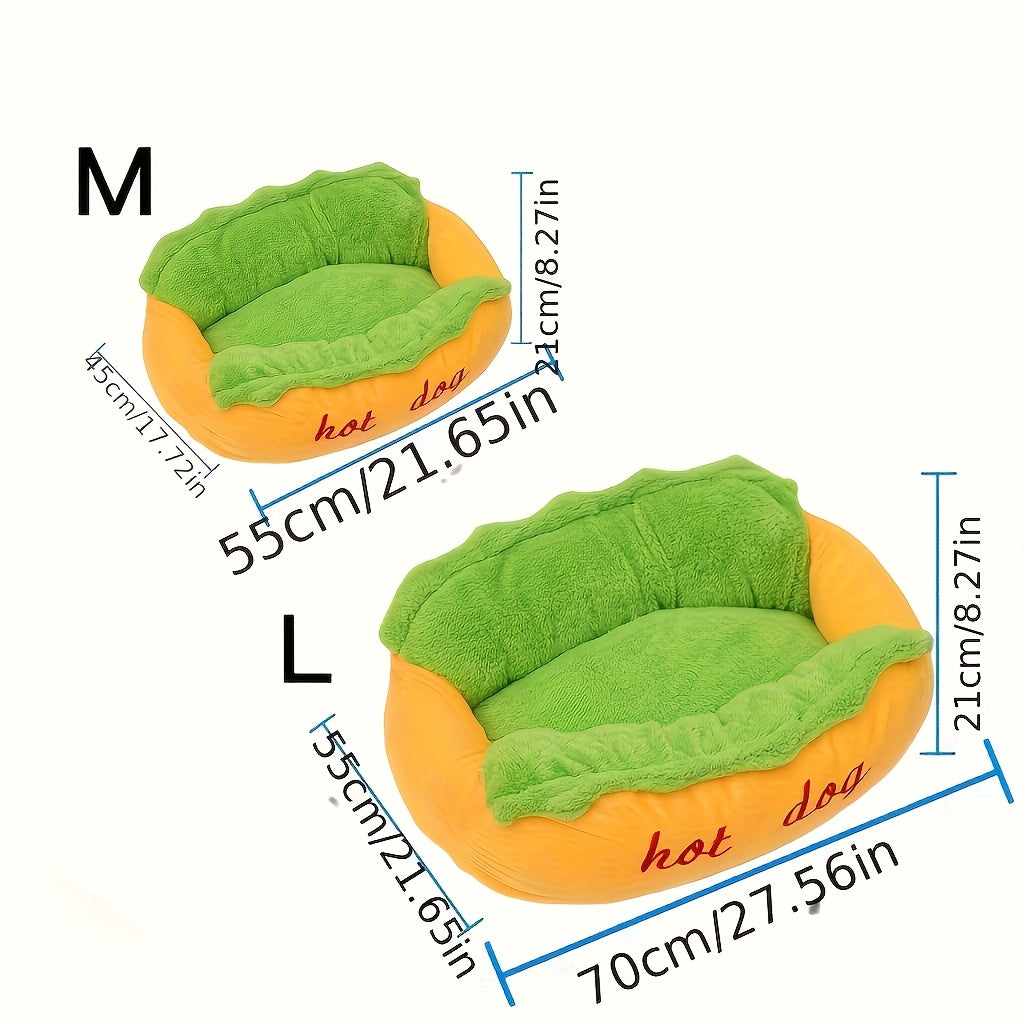 Soft Plush Hot Dog Pet Bed - Removable Cushion for Small to Medium Pets Easy to Clean Vibrant Yellow Green - ZOOMNSTORE