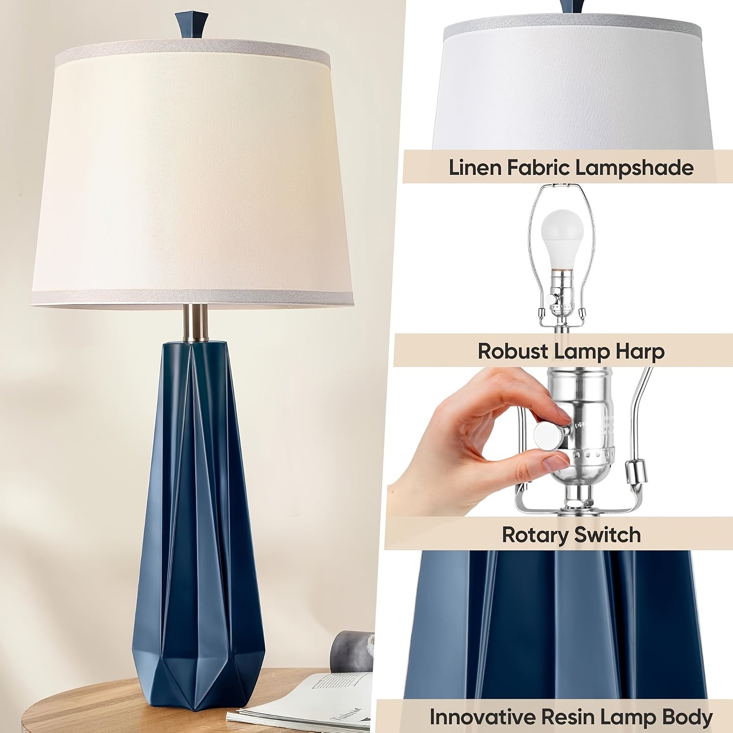 Modern Navy Blue Table Lamps - Touch Control Uplight with Linen Shade 3 Color Temperature Settings 2 Bulbs Included - ZOOMNSTORE