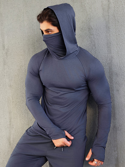 Mens Quick-Dry Fitness Hoodie with Face Mask - Compression Sweatshirt for Spring  Autumn - ZOOMNSTORE
