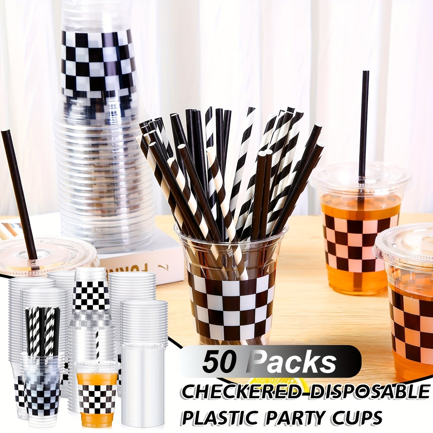 Disposable Plastic Cups with Lids and Paper Straws - 12 oz Clear Checkered Flag Print Party Supplies - ZOOMNSTORE