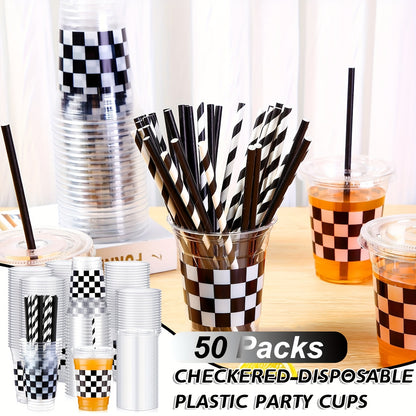 Disposable Plastic Cups with Lids and Paper Straws - 12 oz Clear Checkered Flag Print Party Supplies - ZOOMNSTORE