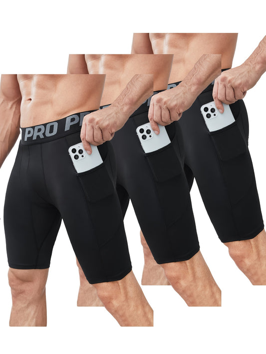 Mens Compression Shorts Set - 3 Pack Quick-Dry Yoga Bottoms with Pockets - ZOOMNSTORE