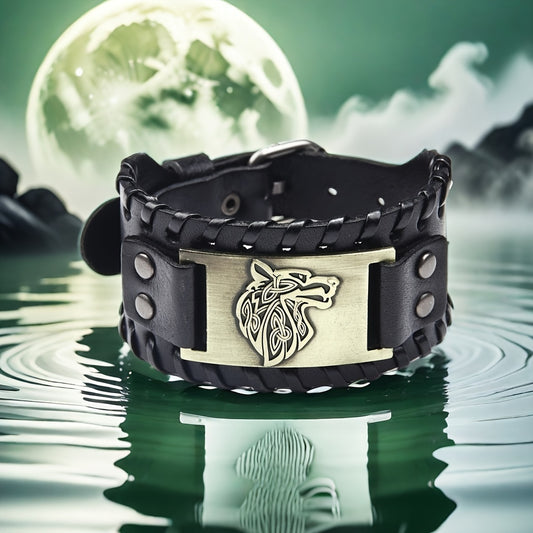 Mens Wolf Head Bracelet - Adjustable Retro Punk PU Leather Jewelry - ZOOMNSTORE