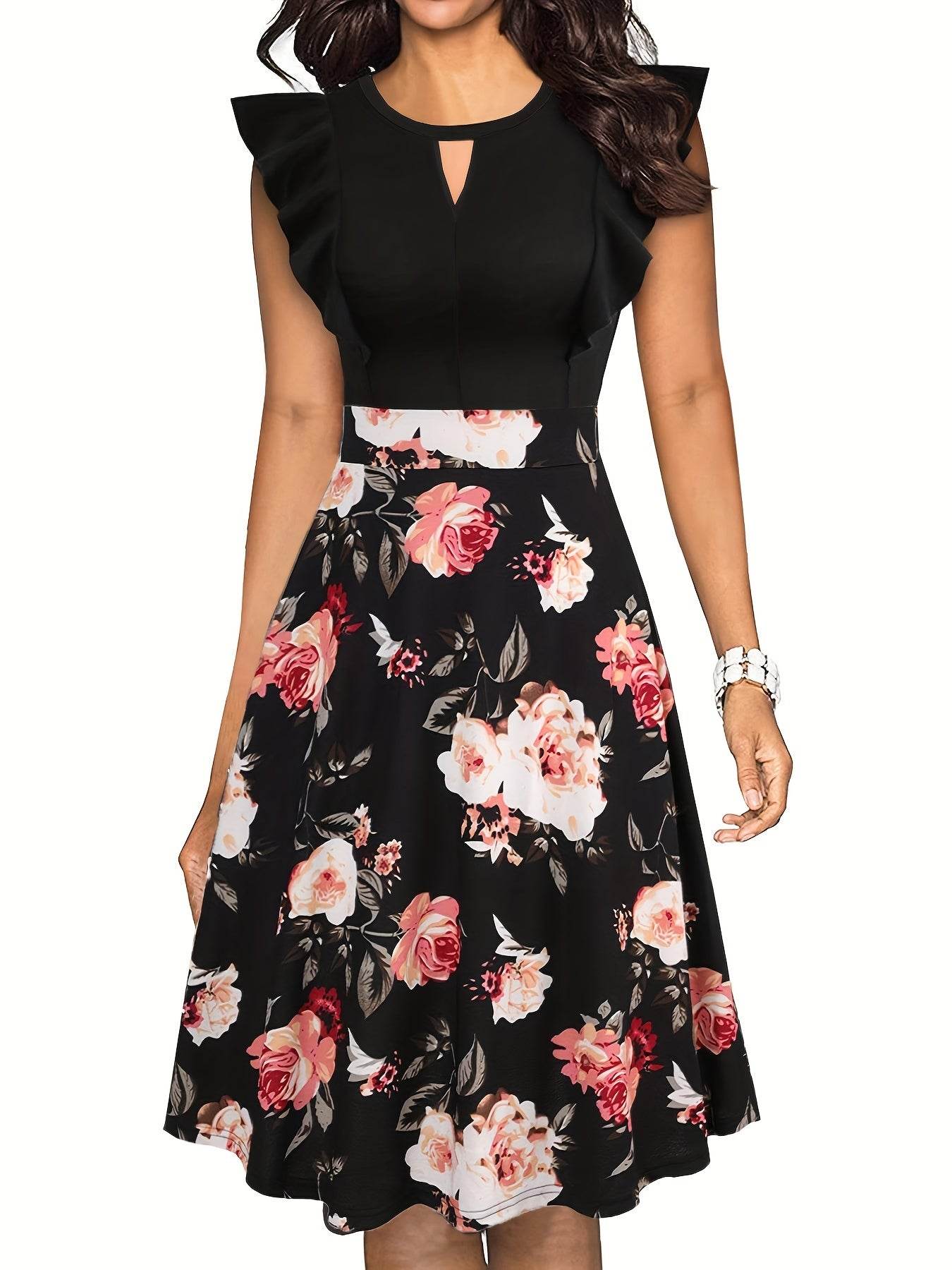 Elegant Floral Midi Dress for Women - Navy Blue with Ruffled Sleeves, Keyhole Neckline, and Stretchy Polyester Blend, Machine Washable, Perfect for All Seasons - ZOOMNSTORE