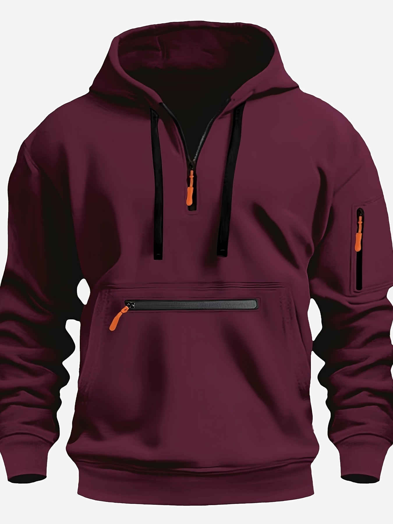 Men's Solid ColorHalf-Zip Design Long Sleeve Casual Hooded Sweatshirt With Kangaroo Pocket For Fall/Winter Casual Daily Wear - ZOOMNSTORE