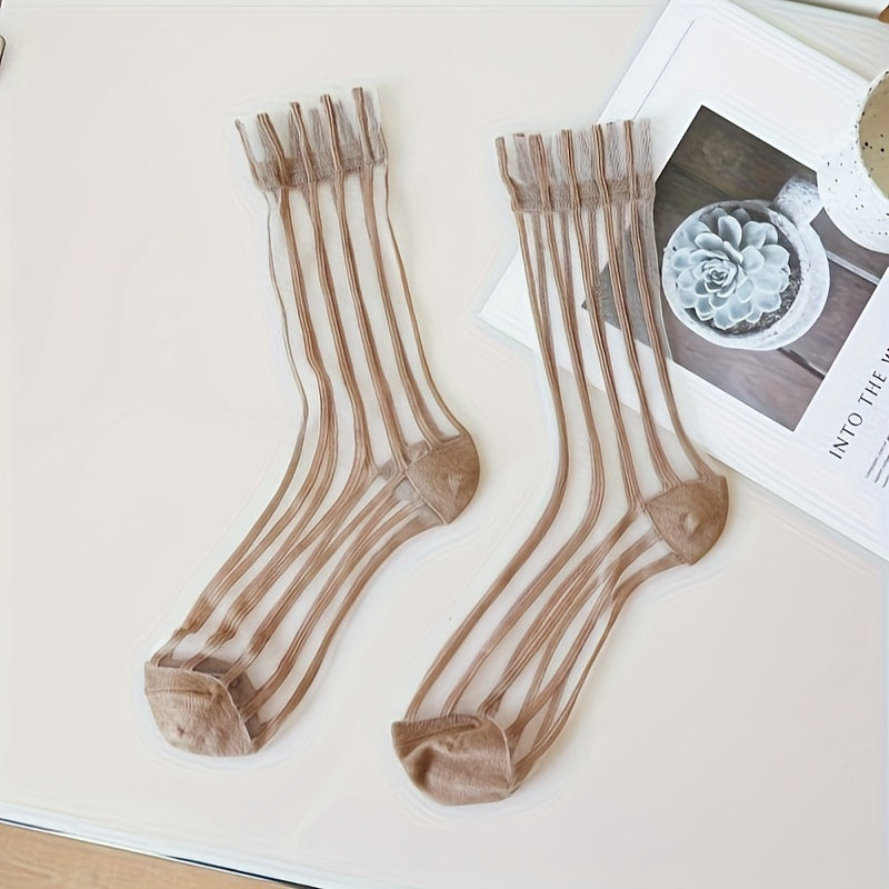 6-Color Mix Women's College-Style Ultra-Thin Breathable Mid-Calf Socks - 100% Rayon, Machine Washable, Ribbed Texture for Spring & Summer Casual Wear - ZOOMNSTORE