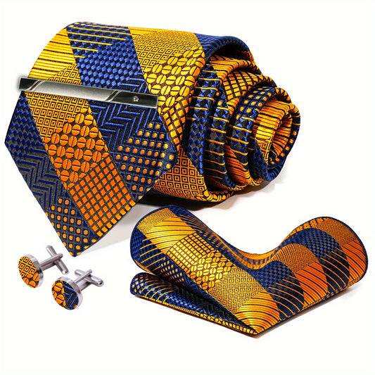 Mens Golden Plaid Tie Set - 4PCS Necktie Pocket Square Cufflinks for Weddings  Business - ZOOMNSTORE
