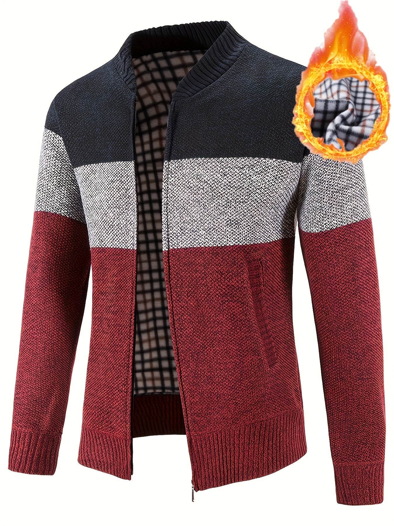 Men'S Casual High Neck Fleece Jacket, Color Block Knit Polyester Cardigan, Mid Stretch Zip-Up Fall/Winter Outerwear, Regular Fit with Placket Closure, Thick - ZOOMNSTORE