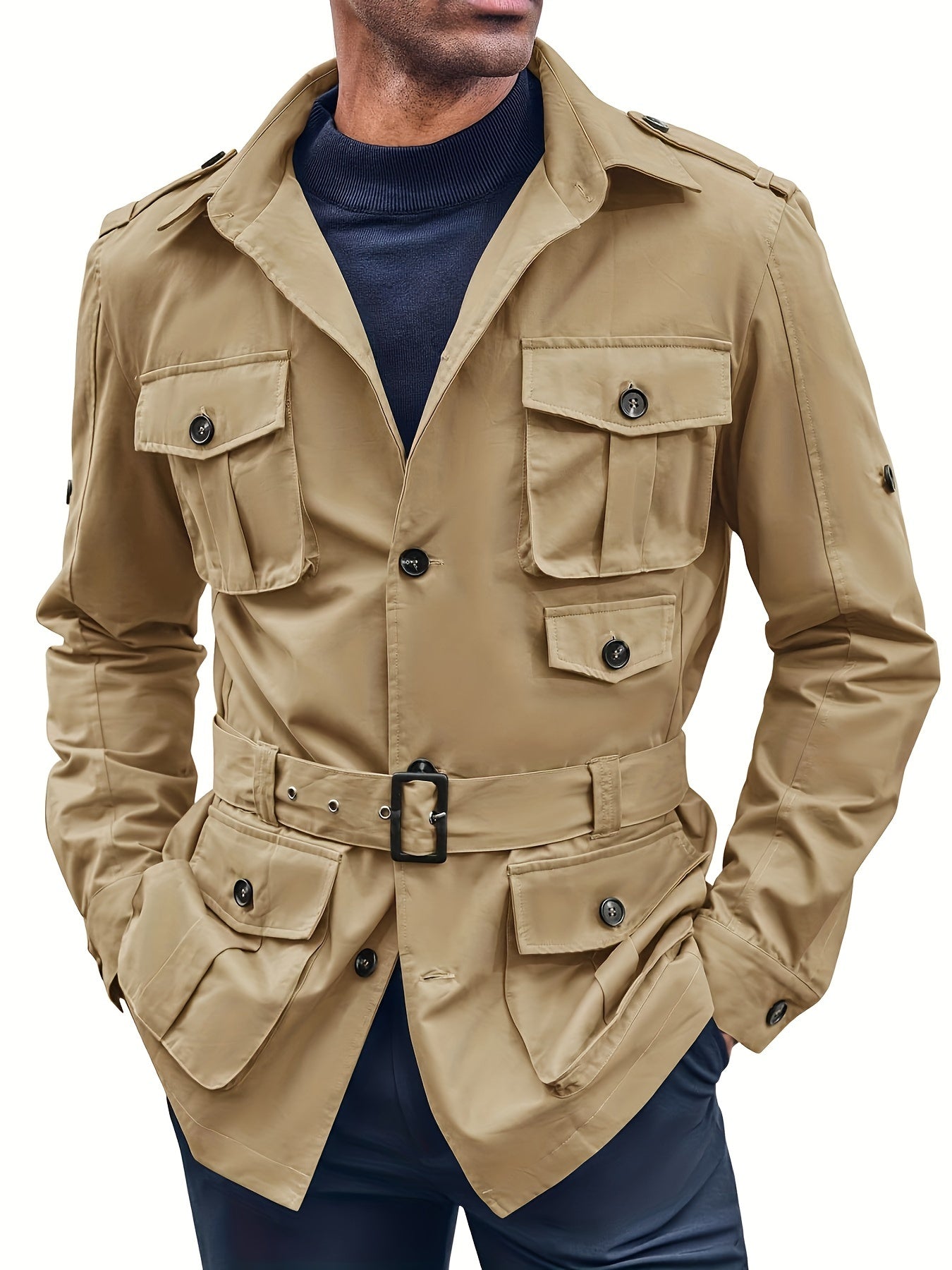 Mens Multi-Pocket Safari Jacket - Casual Outdoor Cargo Coat with Belt - ZOOMNSTORE