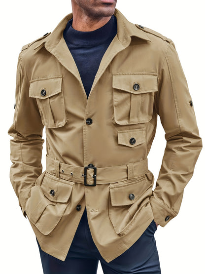 Mens Multi-Pocket Safari Jacket - Casual Outdoor Cargo Coat with Belt - ZOOMNSTORE