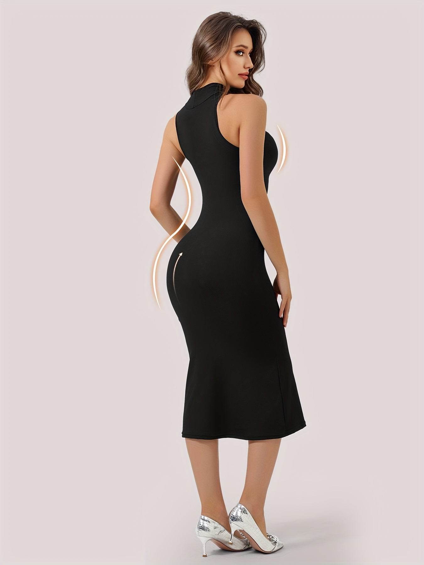 1pc Women'S 2-in-1 Midi Mermaid Dress with Built-in Bra, High Neck Sleeveless, Rib-Knit Stretch Fabric, Polyester 92% Elastane 8%, Casual Fit and Flare, Knee-Length, Spring/Summer/Fall Collection - ZOOMNSTORE