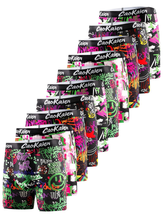 Mens Long Boxer Briefs - 10 Pack Breathable Stretch Fabric Trendy Graffiti Design - ZOOMNSTORE