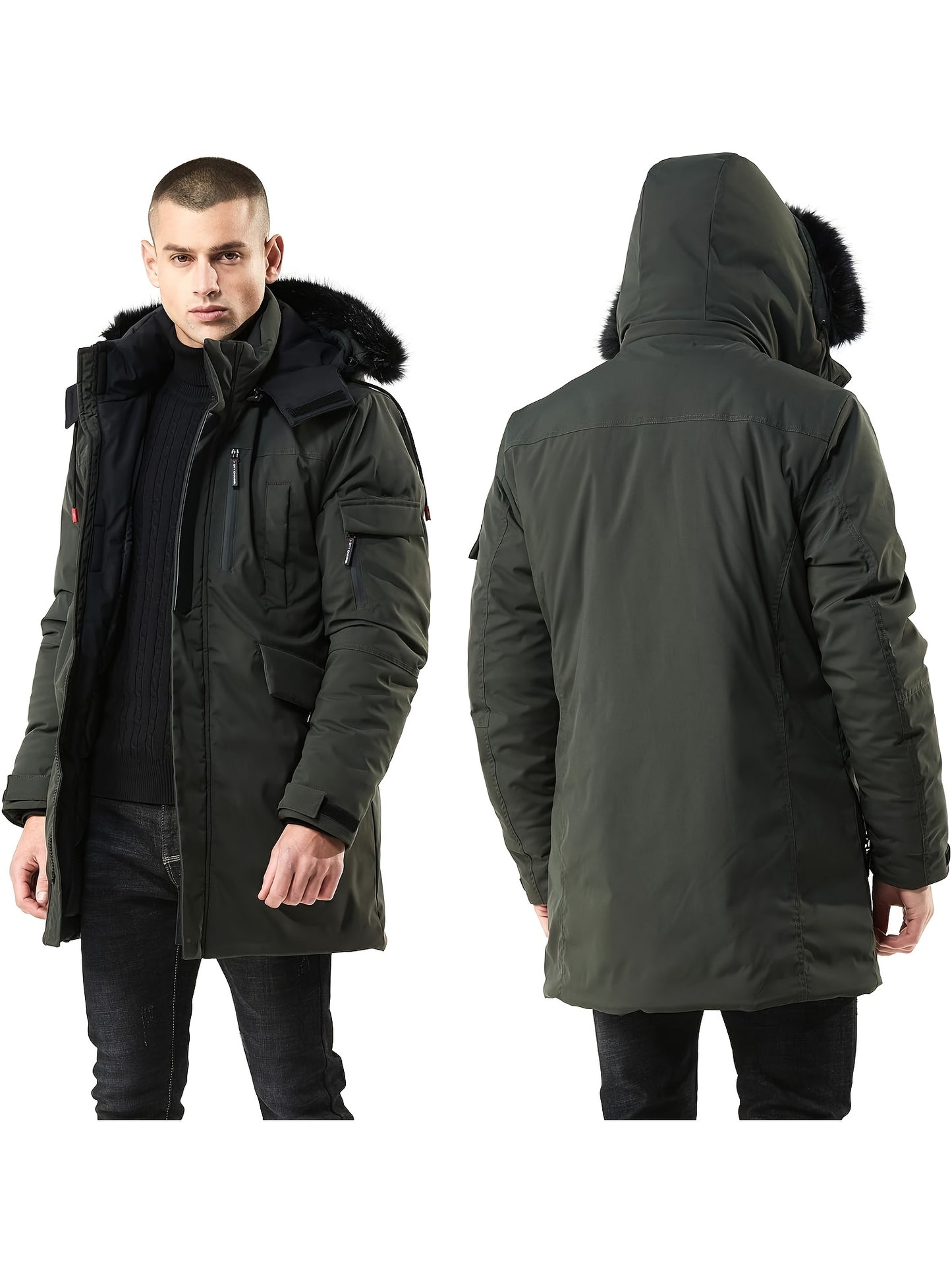 Mens Waterproof Parka Jacket - Warm Puffer Coat with Removable Faux Fur Hood - ZOOMNSTORE