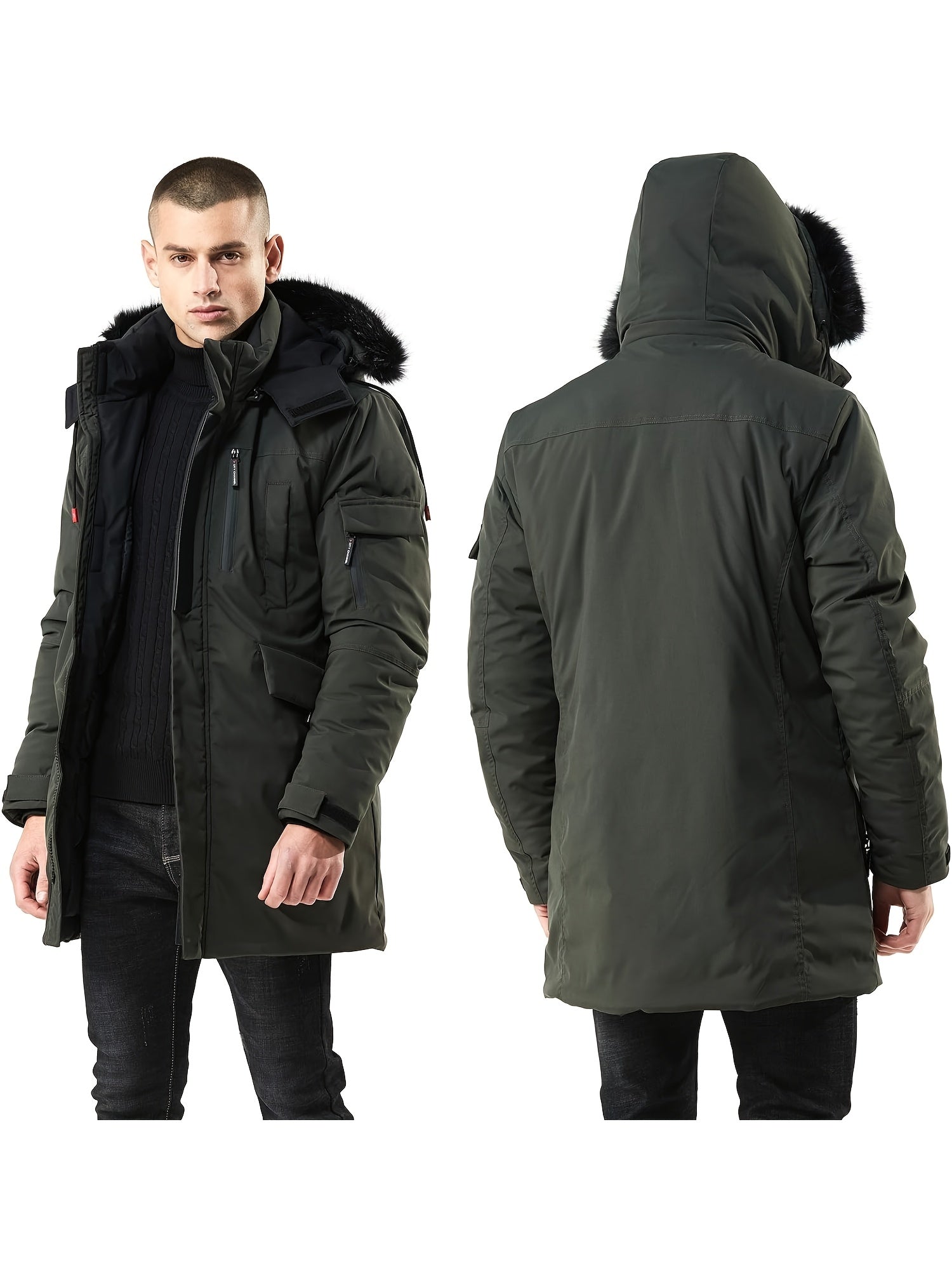Mens Waterproof Parka Jacket - Warm Puffer Coat with Removable Faux Fur Hood - ZOOMNSTORE