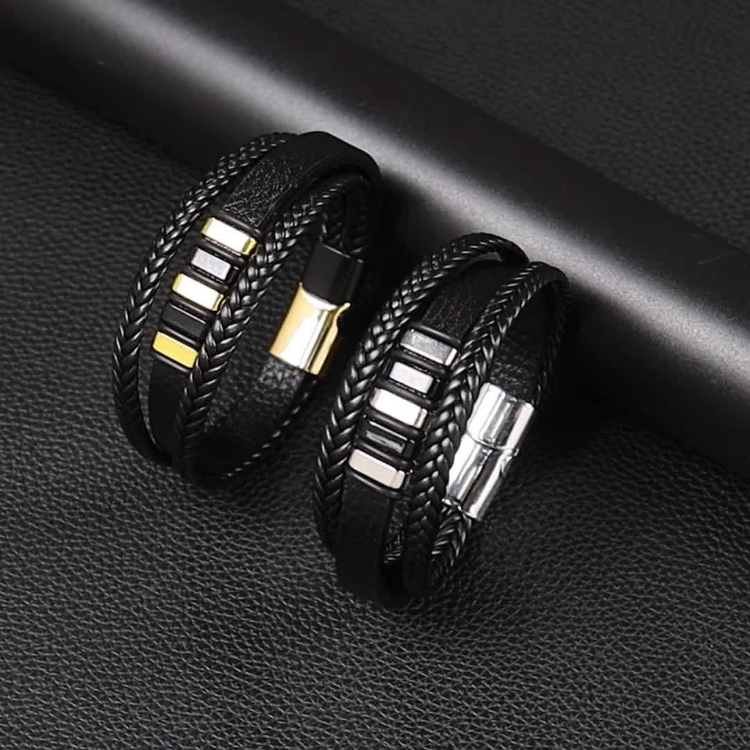 Mens Braided Faux Leather Bracelet - Vintage Punk Accessory with Magnetic Clasp - ZOOMNSTORE