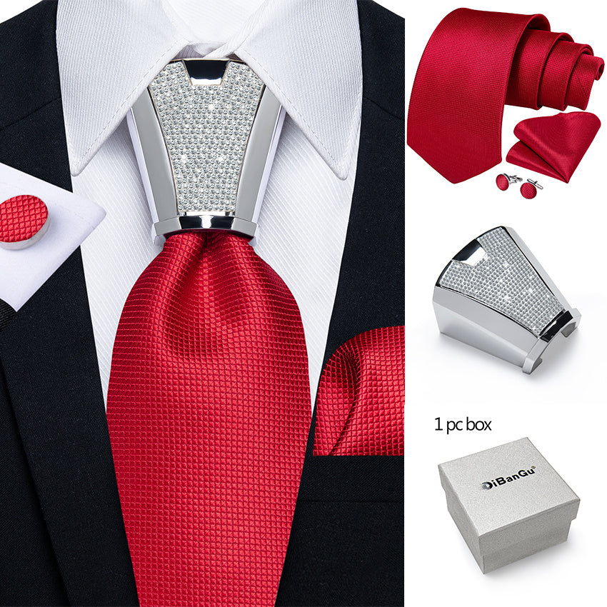 Mens Silvery Necktie Set - Necktie Ring Handkerchief  Cufflinks with Gift Box - ZOOMNSTORE