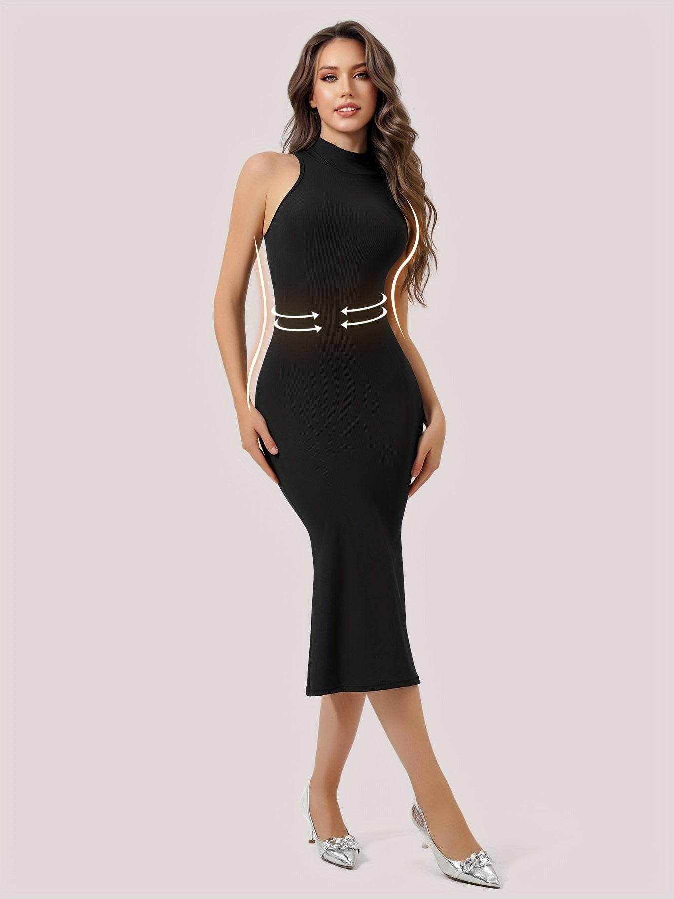 1pc Women'S 2-in-1 Midi Mermaid Dress with Built-in Bra, High Neck Sleeveless, Rib-Knit Stretch Fabric, Polyester 92% Elastane 8%, Casual Fit and Flare, Knee-Length, Spring/Summer/Fall Collection - ZOOMNSTORE