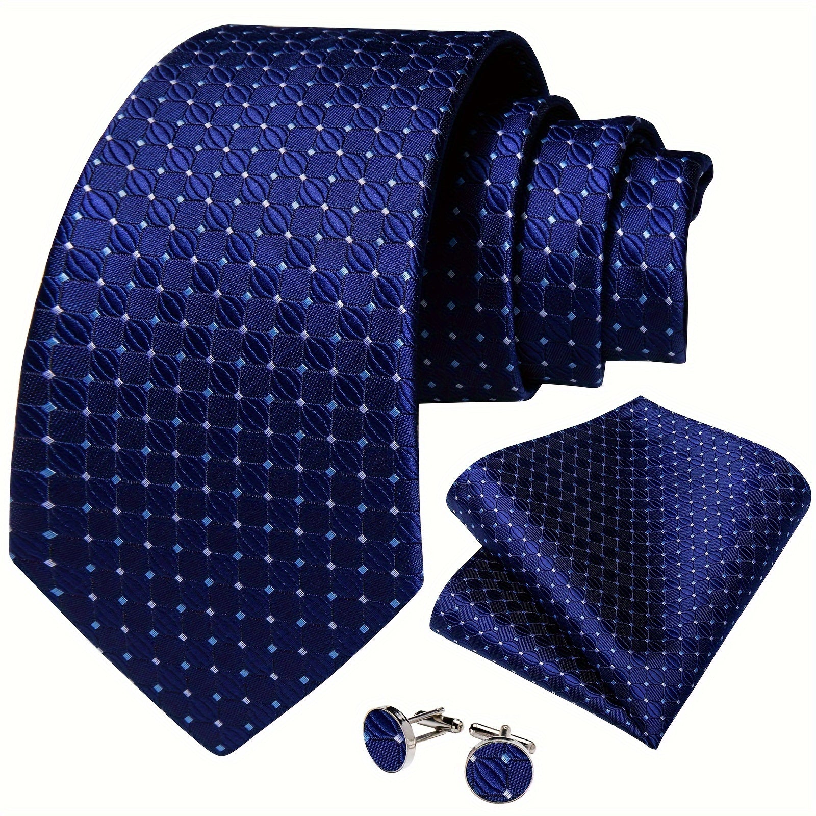 Mens Silk Tie Set - Blue Checks Necktie Pocket Square  Cufflinks for Parties - ZOOMNSTORE