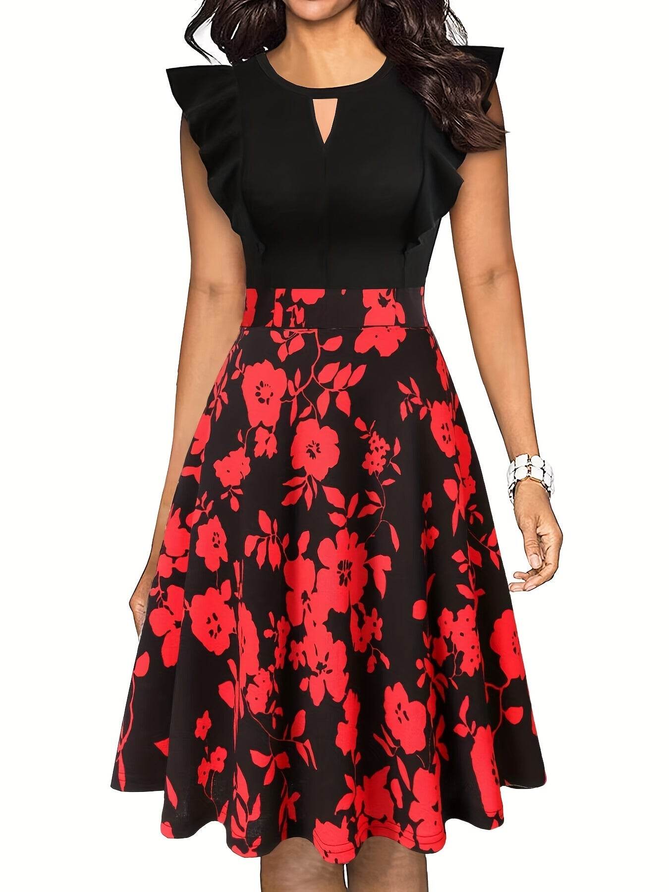 Elegant Floral Midi Dress for Women - Navy Blue with Ruffled Sleeves, Keyhole Neckline, and Stretchy Polyester Blend, Machine Washable, Perfect for All Seasons - ZOOMNSTORE