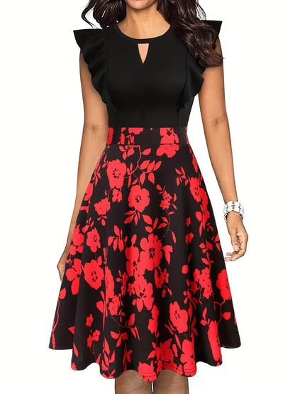 Elegant Floral Midi Dress for Women - Navy Blue with Ruffled Sleeves, Keyhole Neckline, and Stretchy Polyester Blend, Machine Washable, Perfect for All Seasons - ZOOMNSTORE