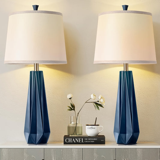 Modern Navy Blue Table Lamps - Touch Control Uplight with Linen Shade 3 Color Temperature Settings 2 Bulbs Included - ZOOMNSTORE