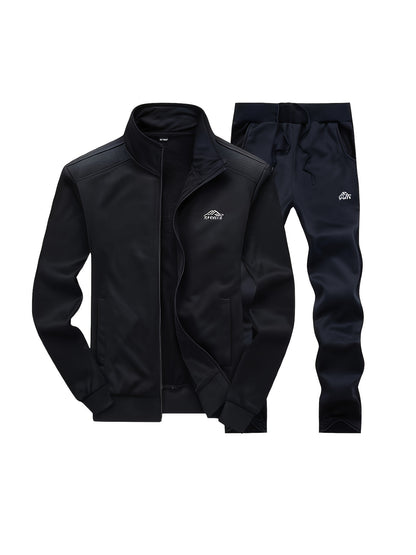 2pcs Embroidered Stand Collar Zip Up Jacket & Elastic Waist Drawstring Pants - Men's Sportswear Set for Outdoor Activities - ZOOMNSTORE