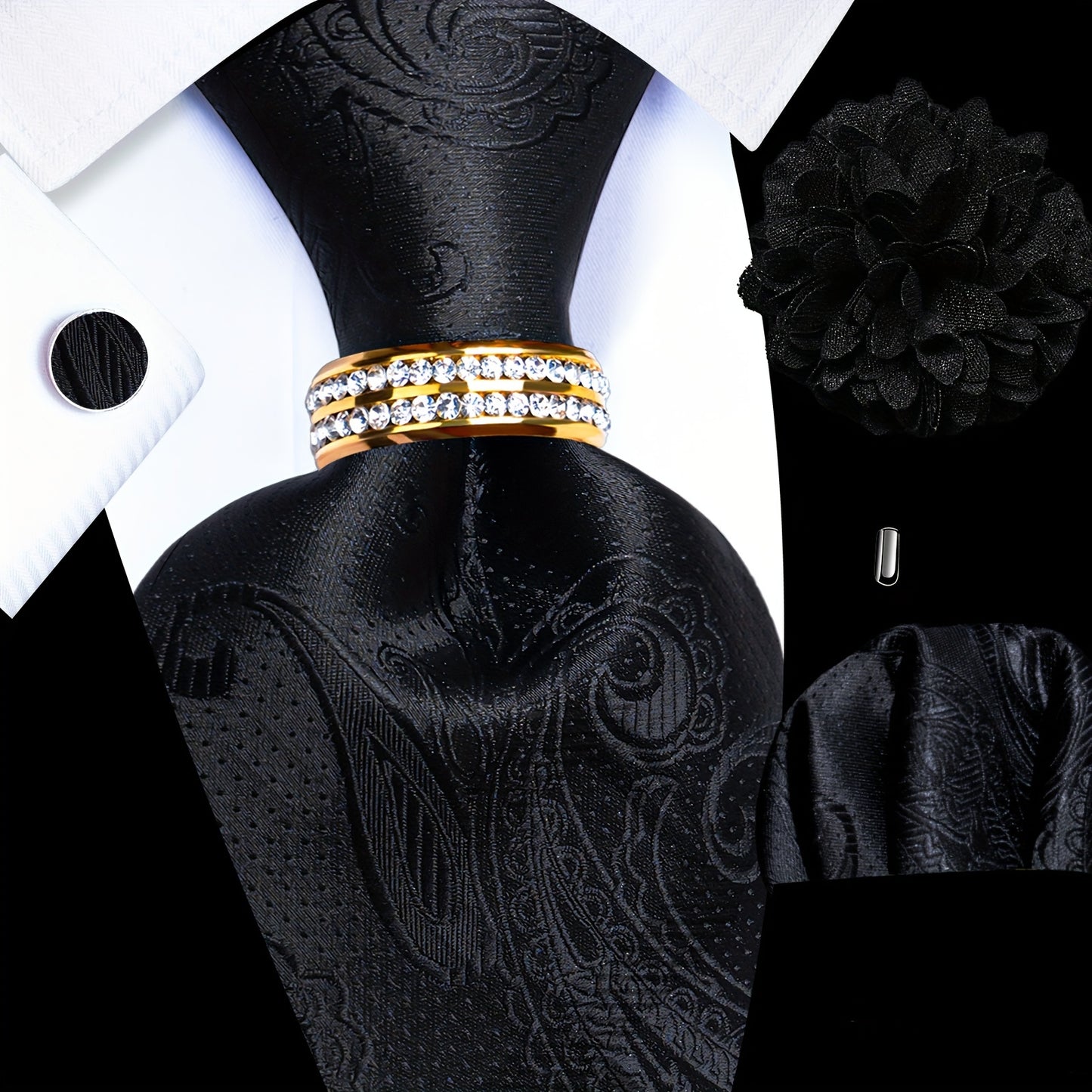 Mens Luxury Tie Set - Elegant 5PCS with Pocket Square Cufflinks Tie Ring Lapel Pin - ZOOMNSTORE