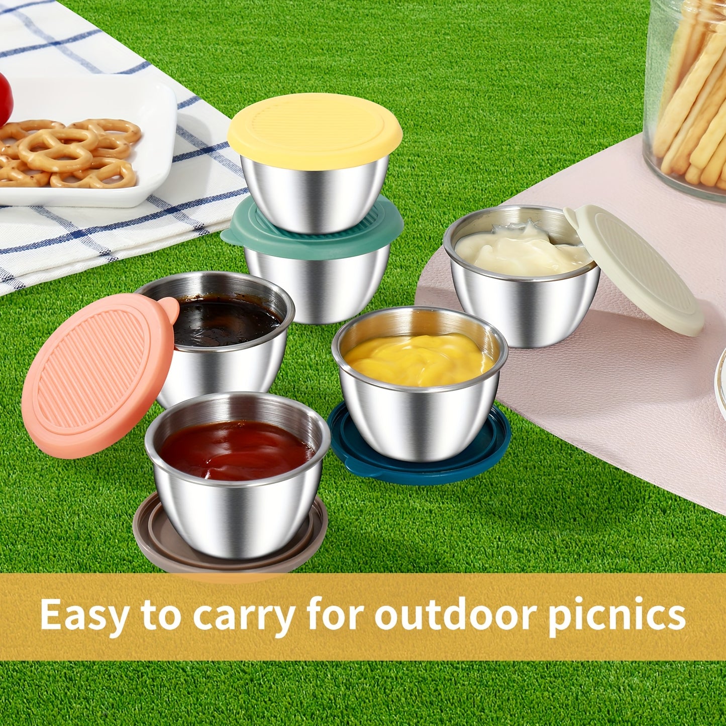 6-Piece Stainless Steel Salad Dressing Containers with Leak-Proof Silicone Lids for Bento Boxes Travel  Picnics - 24 Ounces Each - ZOOMNSTORE