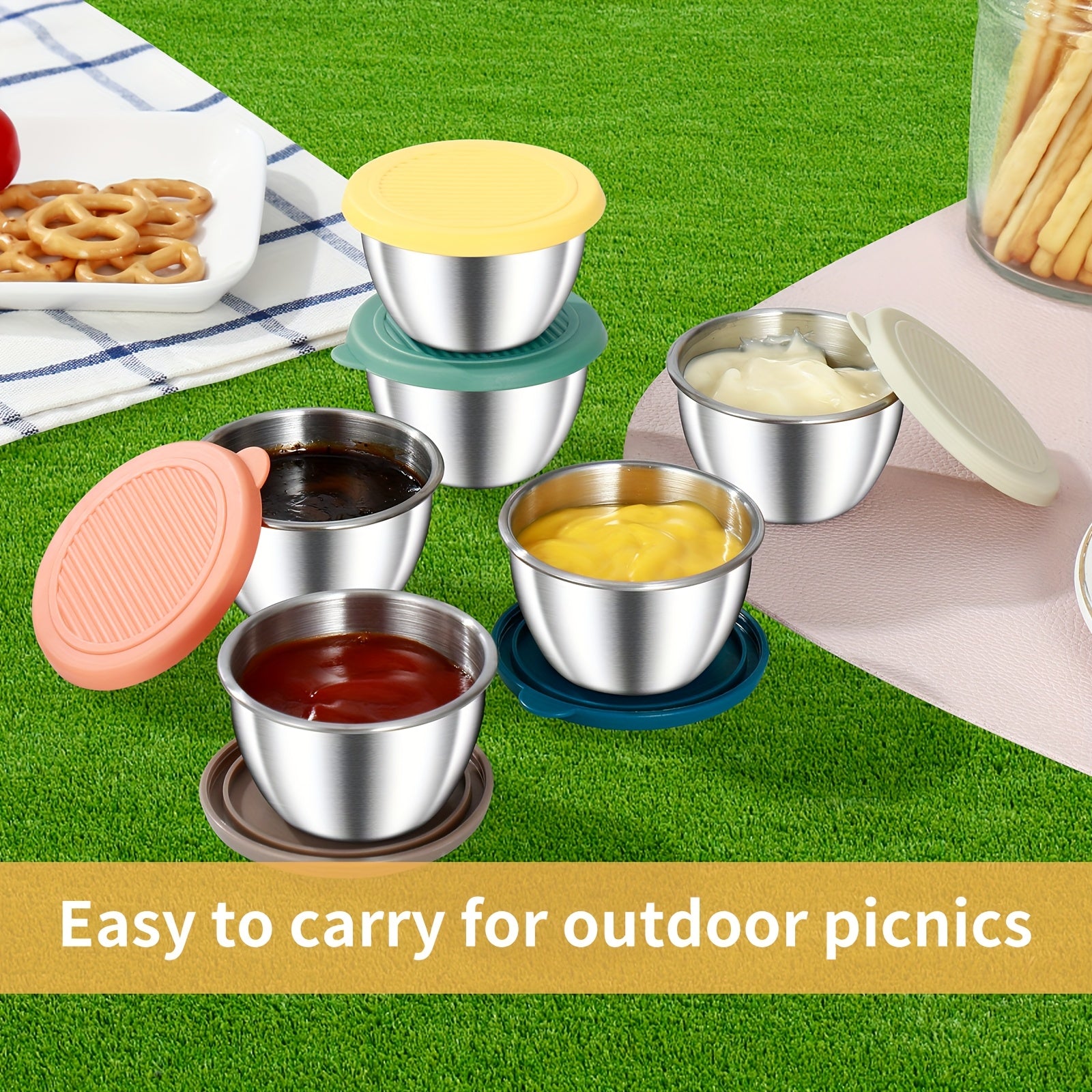 6-Piece Stainless Steel Salad Dressing Containers with Leak-Proof Silicone Lids for Bento Boxes Travel  Picnics - 24 Ounces Each - ZOOMNSTORE