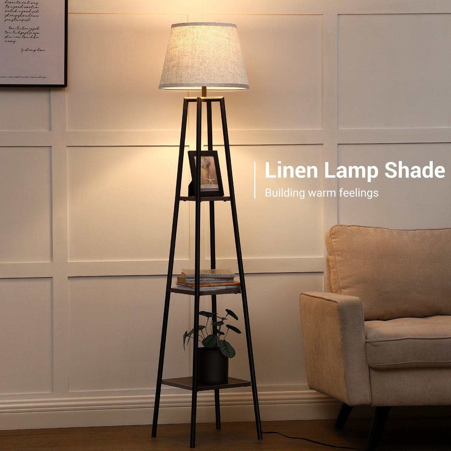Rustic Farmhouse Floor Lamp with Multi-Tiered Shelves  Beige Linen Shade - Stylish Design for Living Room Bedroom or Office - ZOOMNSTORE