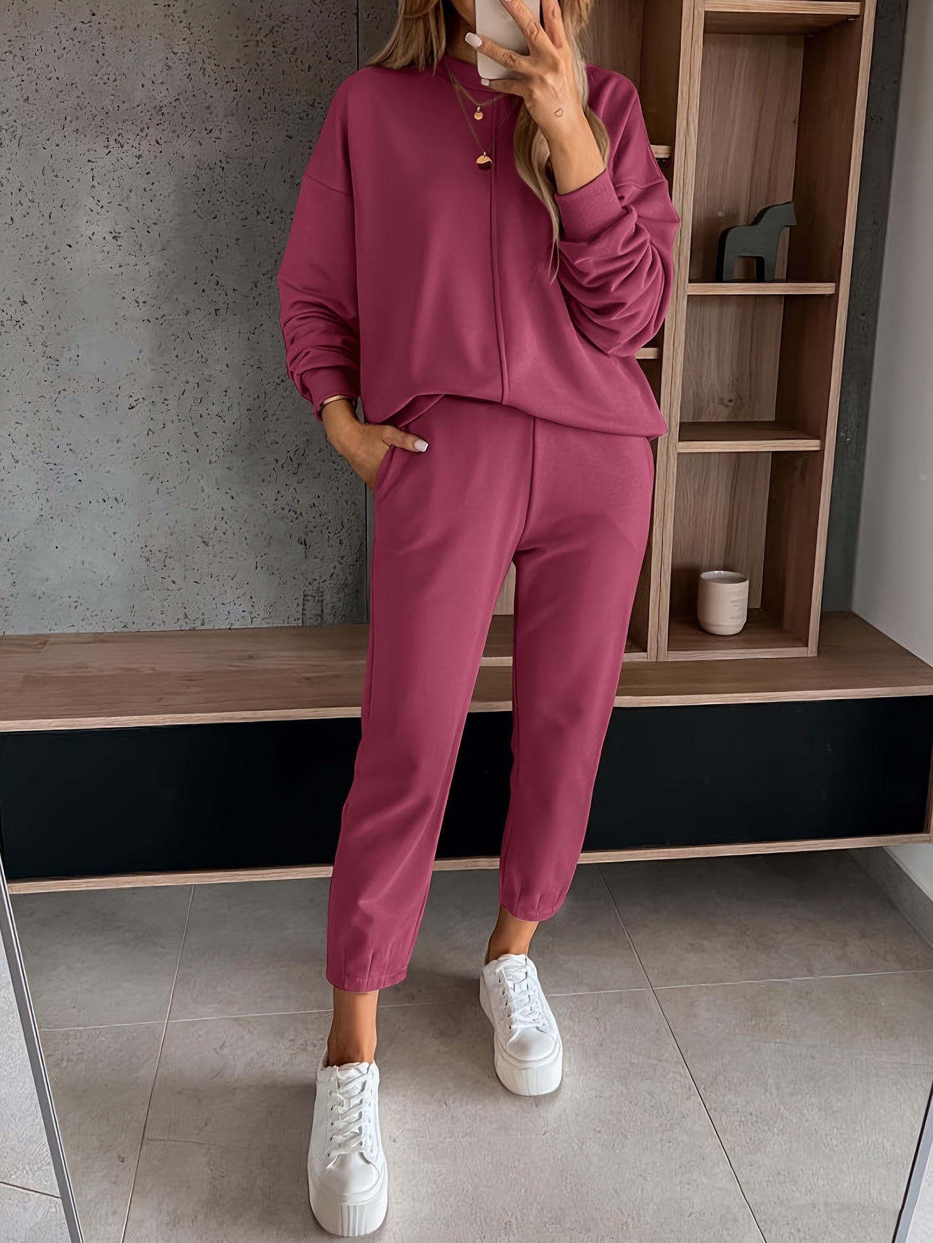 Womens Long Sleeve Pullover  Jogging Pants Set - Casual Autumn Winter Commuting Outfit with Pockets - ZOOMNSTORE