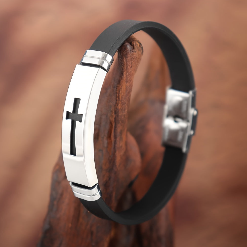 Minimalist Stainless Steel Cross Bracelet - Personalized Mens Silicone Wristband Punk Style Gift - ZOOMNSTORE